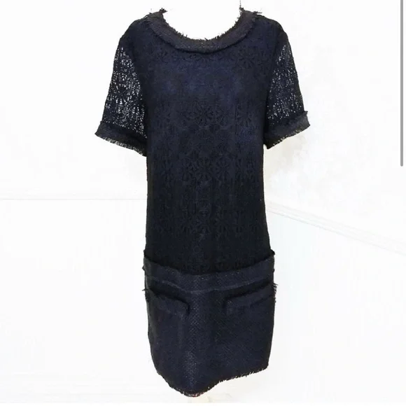 Rachel Zoe Navy Blue Lace Tweed Textured Shift Dress - Picture 5 of 7